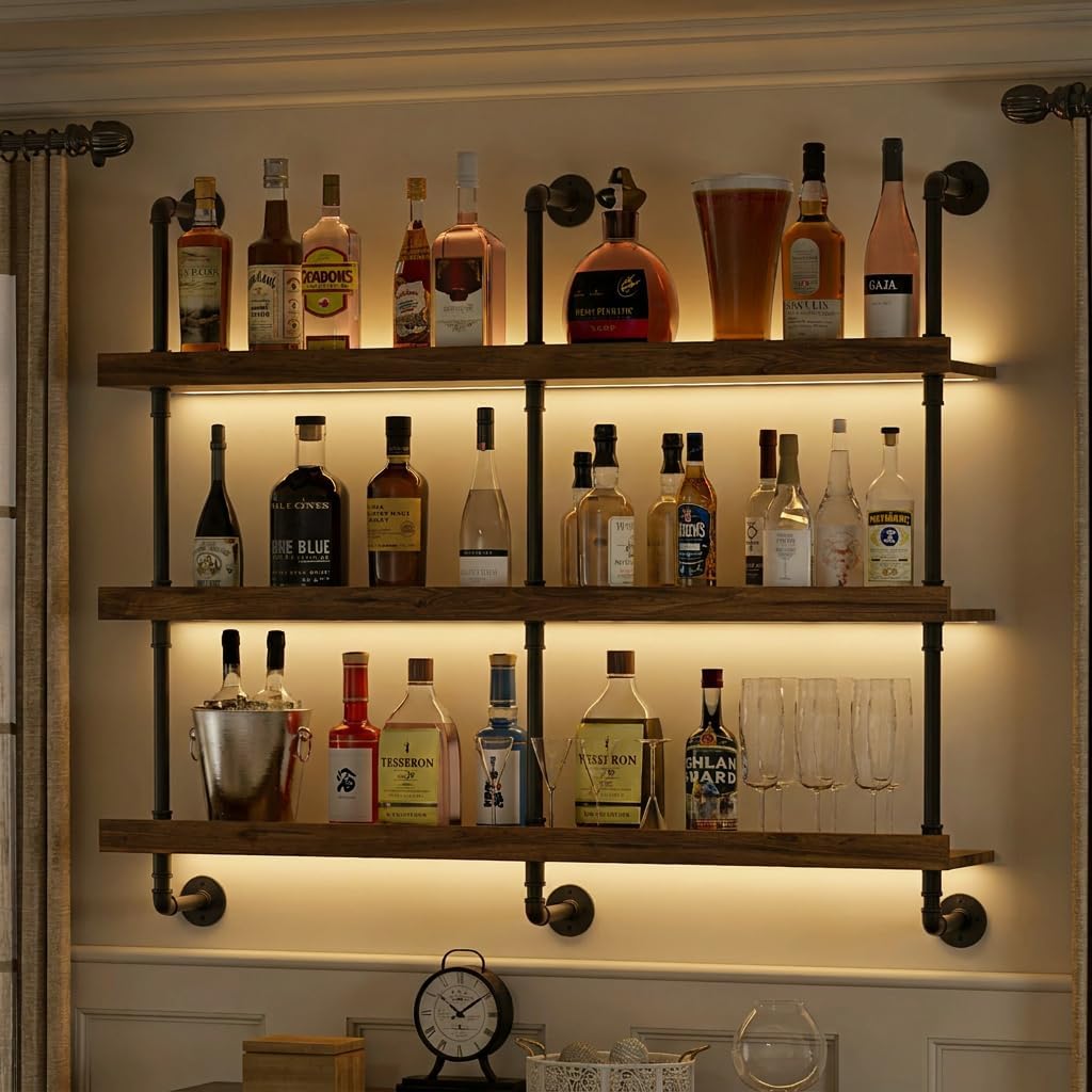 Wine Beer Liquor - Duvara Monte LED Işıklı Üç Katmanlı